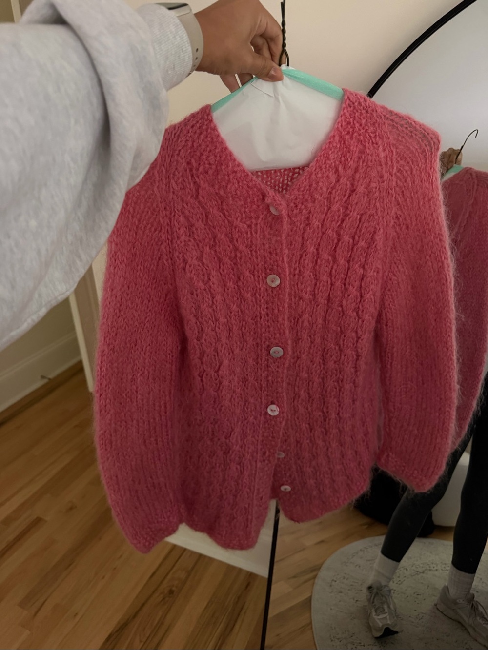 Sezane Style Pink Chunky Cable Knit Button-Up Sweater